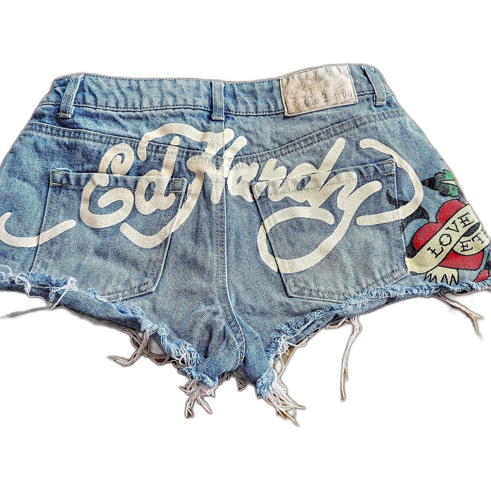 Ed-hardy Women Blue ShortsDistressed Cutoff Denim Shorts Y2K Coachella Festival